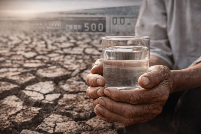 Ηλικιωμένα χέρια κρατούν ένα ποτήρι νερό μπροστά από ξεραμένο έδαφος, συμβολίζοντας τη λειψυδρία και την αξία του νερού