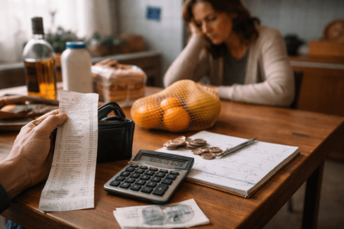 Οικογενειακό τραπέζι σε modest ελληνικό σπίτι, με απλά τρόφιμα και ήσυχη ατμόσφαιρα καθημερινότητας