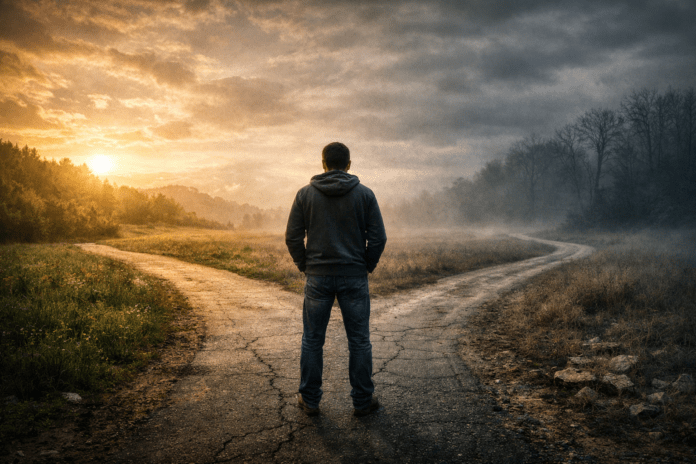 Συμβολική απεικόνιση ανθρώπου μπροστά σε δύο διαφορετικά μονοπάτια που εκφράζουν την επιλογή μεταξύ αλήθειας και αποφυγής