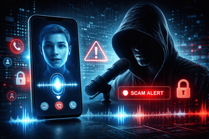 AI Voice Scams and Deepfake Threats – A glowing smartphone displays a friendly face surrounded by data, while a shadowy hacker lurks, signaling danger.