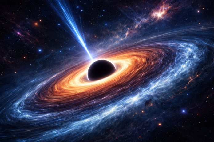 Καλλιτεχνική απεικόνιση υπερμεγέθους μαύρης τρύπας με δίσκο προσαύξησης στο κέντρο ενός γαλαξία