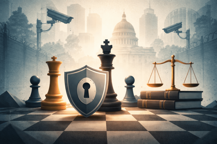 Συμβολική εικόνα που απεικονίζει τη σχέση ασφάλειας και δημοκρατίας στη σύγχρονη πολιτική