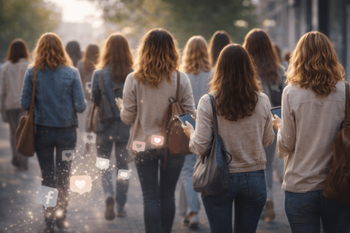 Ομάδα γυναικών περπατά σε αστικό περιβάλλον κρατώντας smartphones, με διακριτικά σύμβολα κοινωνικών δικτύων να απομακρύνονται