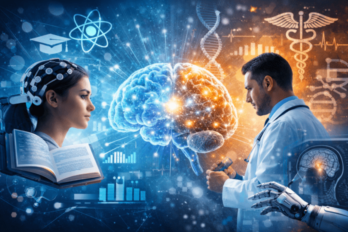 Η σύνδεση της νευροεπιστήμης με την εκπαίδευση και τη ιατρική: γυναίκα με κεφαλοσκόπιο BCI και γιατρός εξετάζει τον εγκέφαλο μέσω ιατρικής τεχνολογίας.