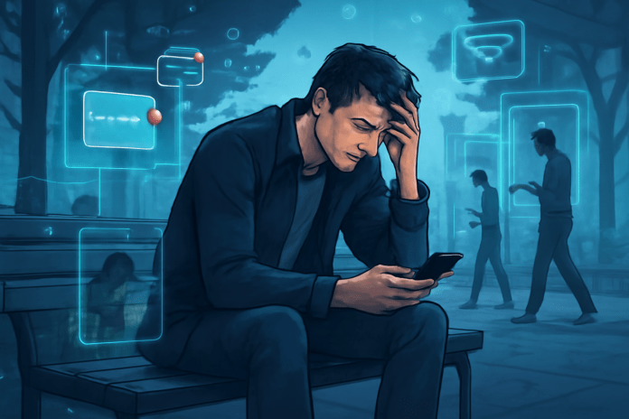 Άνδρας καθισμένος σε αστικό χώρο κοιτάζει το κινητό του με εμφανή νοητική κόπωση, ενώ γύρω του υπάρχουν ψηφιακά ερεθίσματα και άνθρωποι απορροφημένοι στις συσκευές τους.