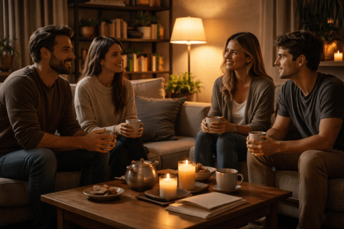Τέσσερις ενήλικες συζητούν χαλαρά σε σαλόνι σπιτιού, καθισμένοι γύρω από τραπεζάκι με ζεστό φωτισμό και ροφήματα