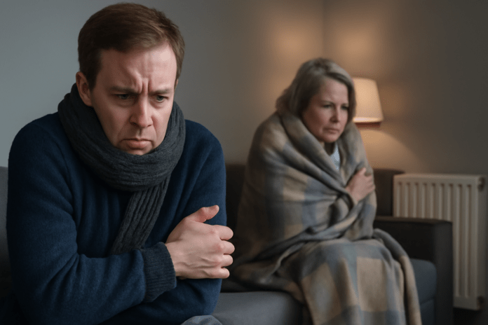 Άνδρας και γυναίκα σε εσωτερικό χώρο σπιτιού, αμφότεροι κρυώνουν λόγω χαμηλής θερμοκρασίας, ενώ η θέρμανση είναι αναμμένη.