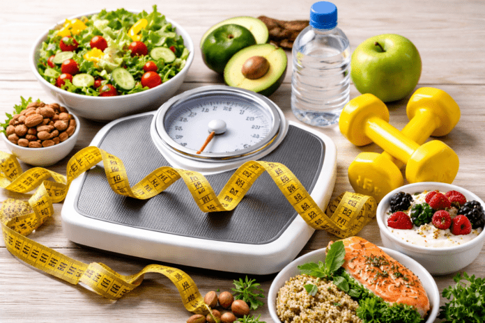 Ζυγαριά μπάνιου με υγιεινά τρόφιμα και εξοπλισμό άσκησης, που συμβολίζουν τον ισορροπημένο και βιώσιμο τρόπο απώλειας βάρους