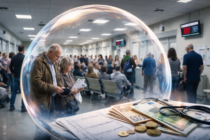 Αίθουσα αναμονής δημόσιου νοσοκομείου στην Ελλάδα, με πολίτες που περιμένουν, ως συμβολισμός για τη «φούσκα» της δωρεάν περίθαλψης και το κόστος που μεταφέρεται στον ασφαλισμένο.