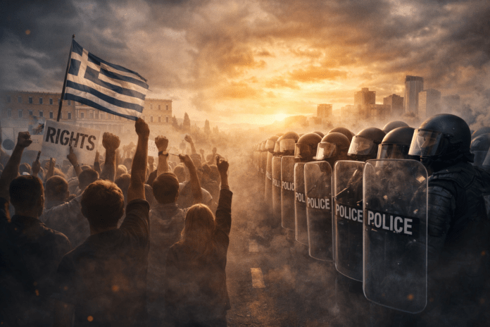 Συμβολική εικόνα κοινωνικής διαμαρτυρίας απέναντι σε αστυνομικές δυνάμεις, που αποτυπώνει την ένταση ανάμεσα στη δημόσια τάξη και τα δημοκρατικά δικαιώματα