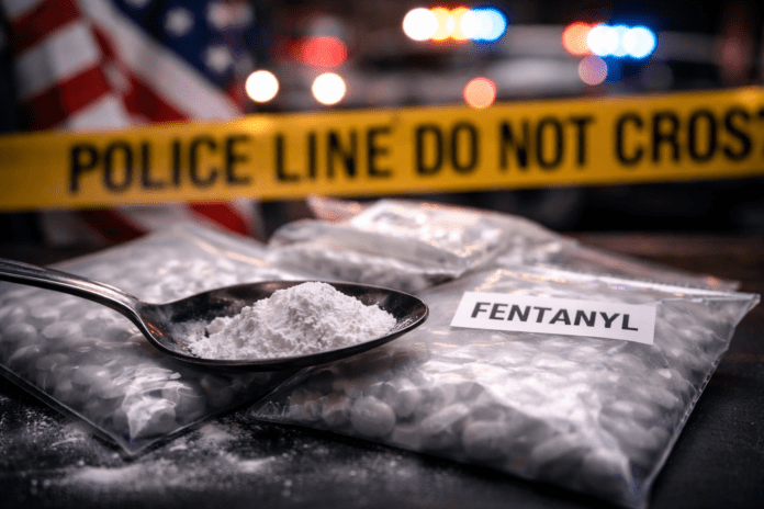 Σακουλάκια με φεντανίλ και κουτάλι με λευκή σκόνη σε αστυνομικό περιβάλλον, με κορδέλα ελέγχου στο φόντο, που αποτυπώνουν την κρίση των οπιοειδών στις Ηνωμένες Πολιτείες.