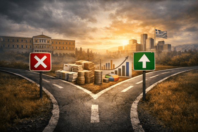 Συμβολική εικόνα που απεικονίζει την οικονομική πολιτική ως μονόδρομο και τα διλήμματα επιλογών για την κοινωνία