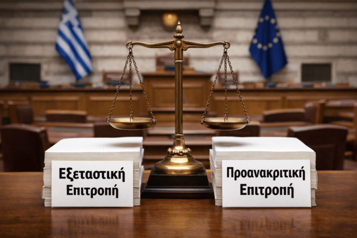 Ζυγαριά δικαιοσύνης μπροστά από την αίθουσα της Βουλής, με ελληνικές και ευρωπαϊκές σημαίες στο φόντο, συμβολίζοντας τον κοινοβουλευτικό έλεγχο και τη θεσμική ισορροπία.
