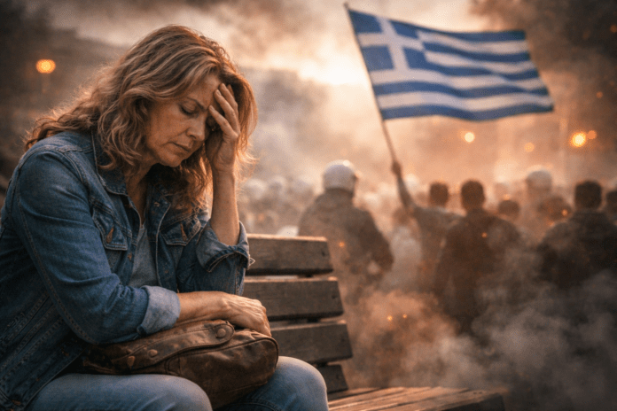 Κουρασμένη γυναίκα κάθεται σε παγκάκι με σκυμμένο κεφάλι, ενώ στο βάθος εξελίσσεται διαδήλωση με ελληνική σημαία, συμβολίζοντας την κοινωνική κόπωση στην Ελλάδα