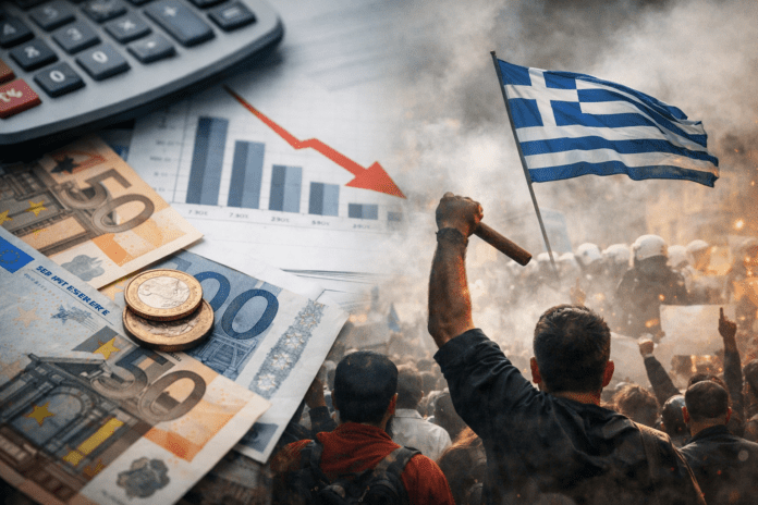 Συμβολική εικόνα κοινωνικής έντασης στην Ελλάδα με οικονομικά στοιχεία σε πτώση και διαδήλωση όπου κυματίζει η ελληνική σημαία
