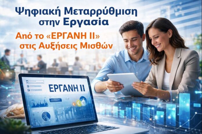 Εικόνα με θέμα την ψηφιακή μεταρρύθμιση στην εργασία στην Ελλάδα, με τους εργαζόμενους να εξετάζουν το σύστημα «ΕΡΓΑΝΗ ΙΙ» σε σύγχρονο γραφείο.