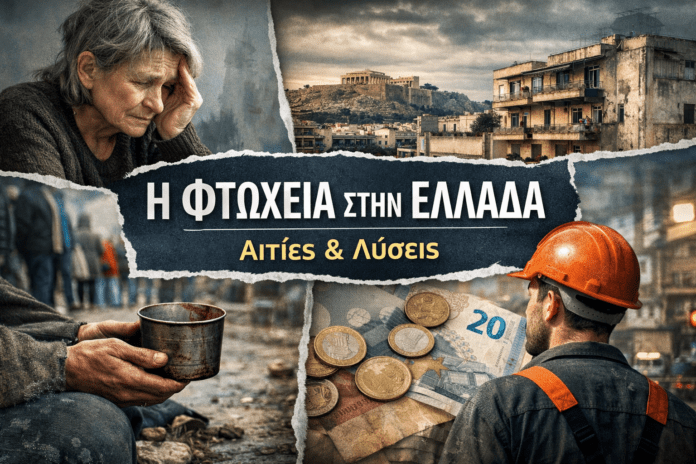 Editorial featured image illustrating poverty in Greece, symbolizing economic insecurity, housing pressure, and labor-market vulnerability.