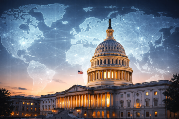 U.S. Capitol and global map symbolizing shifts in global security policy in 2025