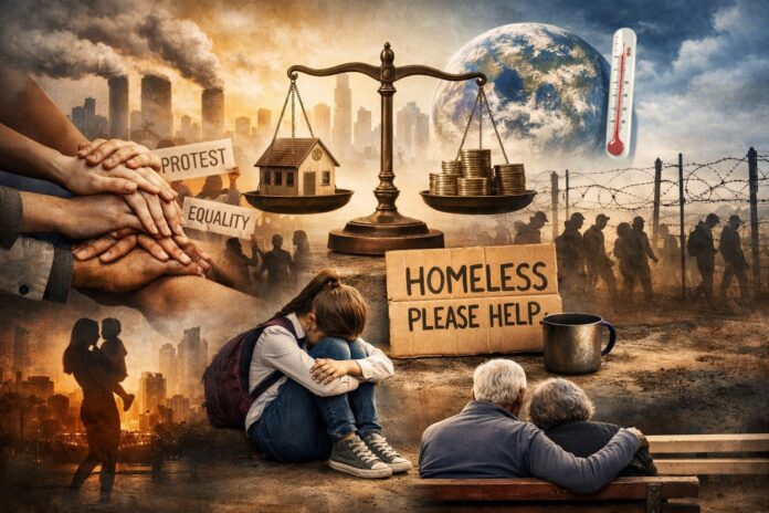 Housing Crisis article image showing crowded cities, rising rents, and lack of affordable housing options