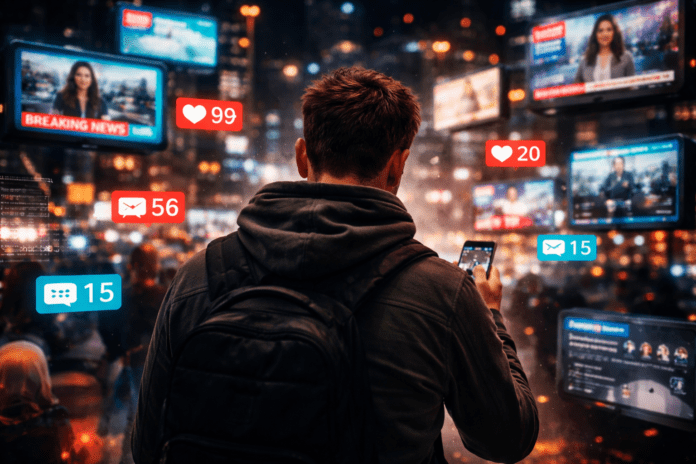 Νεαρός άνδρας σε αστικό περιβάλλον τη νύχτα κοιτάζει το κινητό του, ενώ γύρω του προβάλλονται πολλαπλές ψηφιακές ειδοποιήσεις, ειδήσεις και οθόνες πληροφόρησης.
