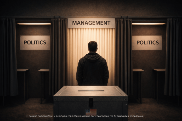 Συμβολική εικόνα πολίτη μπροστά σε κάλπη, με τη διαχείριση να υπερισχύει της πολιτικής επιλογής στη σύγχρονη δημοκρατία