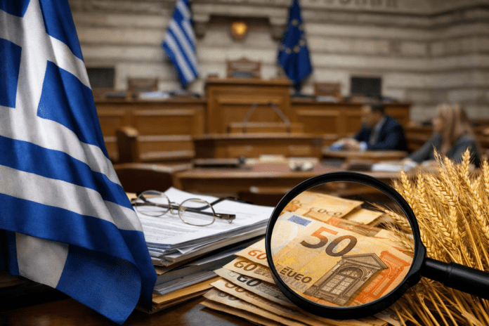 Ελληνική Βουλή στο φόντο με ελληνική σημαία, έγγραφα, μεγεθυντικό φακό πάνω σε χαρτονομίσματα ευρώ και στάχυα σιταριού, συμβολίζοντας τον έλεγχο αγροτικών ενισχύσεων και τον ΟΠΕΚΕΠΕ.