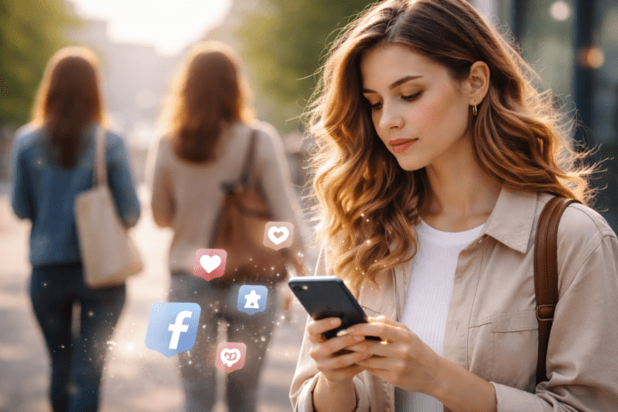 Γυναίκα κοιτά το κινητό της σε αστικό περιβάλλον, με διακριτικά σύμβολα κοινωνικών δικτύων που απομακρύνονται