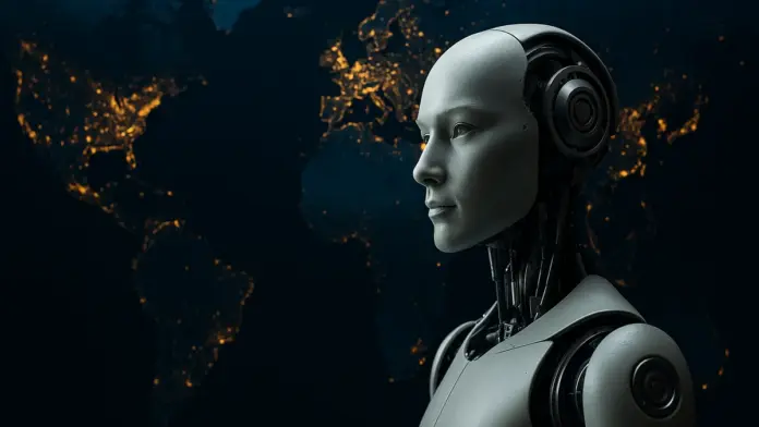 Ανθρωποειδές ρομπότ μπροστά σε χάρτη του κόσμου με φωτεινά σημεία, ως συμβολική εικόνα για την τεχνητή νοημοσύνη ως γεωπολιτική δύναμη.