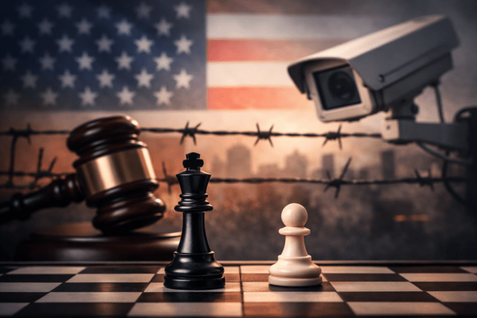 Συμβολική εικόνα πολιτικής στρατηγικής με σκακιέρα και στοιχεία θεσμικής ασφάλειας στο φόντο