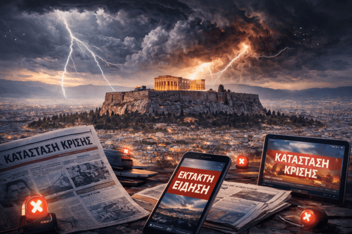 Συμβολική απεικόνιση της Αθήνας με τον Παρθενώνα κάτω από δραματικό ουρανό και ελληνικούς τίτλους ειδήσεων που αναδεικνύουν την αίσθηση διαρκούς κρίσης