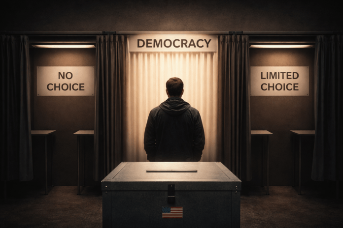 Συμβολική εικόνα ψηφοφόρου μπροστά σε κάλπη που αναδεικνύει το ζήτημα των περιορισμένων πολιτικών επιλογών στη δημοκρατία