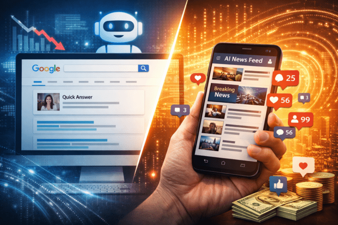 A smartphone feed and a search interface symbolizing the shift from search to AI-driven feeds