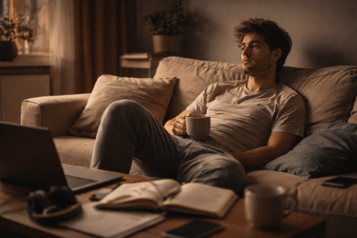 Νέος άνδρας χαλαρώνει στον καναπέ σε ήσυχο χώρο, κρατώντας κούπα καφέ, σε στιγμιότυπο χαμηλών ρυθμών καθημερινής ζωής