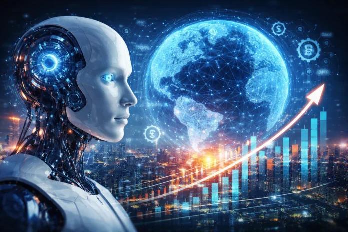 Futuristic digital artwork symbolizing AI and global economy