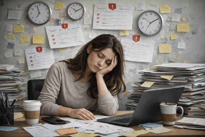 Νεαρή γυναίκα κουρασμένη σε γραφείο, surrounded by χαρτιά και εκκρεμότητες, σύμβολο ψυχικής κόπωσης στη σύγχρονη εποχή