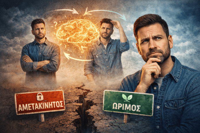 Άνθρωπος σε σκέψη ανάμεσα στη σταθερότητα και την αλλαγή γνώμης, με συμβολική απεικόνιση εγκεφάλου