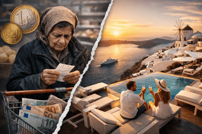 Αντίθεση καθημερινότητας στην Ελλάδα: πολίτης με περιορισμένο εισόδημα απέναντι σε εικόνα ευημερίας, σύμβολο της οικονομίας δύο ταχυτήτων