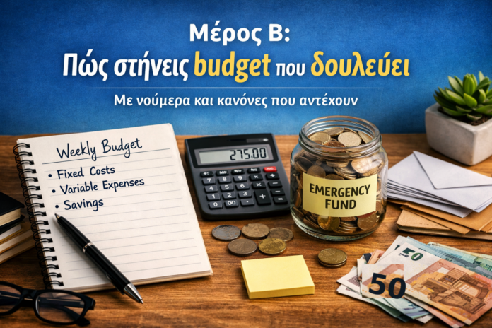 Χαρτονομίσματα και σημειώσεις προϋπολογισμού με ποσό 50€, για αποταμίευση και έξυπνο budget στην Ελλάδα το 2026.