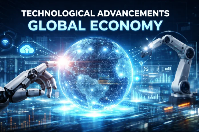 Robotic hand interacting with a glowing digital globe symbolizing technological advancements in the global economy