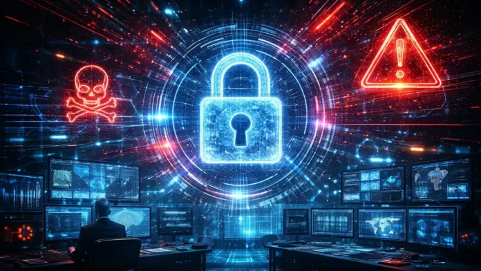 Φωτεινό λουκέτο σε ψηφιακό περιβάλλον με οθόνες ασφαλείας και σήματα απειλής, ως συμβολική εικόνα για την κυβερνοασφάλεια το 2025.