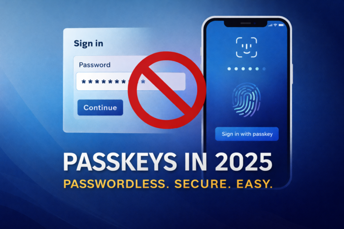 Passkeys in 2025 replacing passwords with biometric sign-in on a smartphone