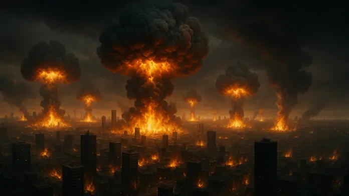 Δραματική απεικόνιση πολλαπλών εκρήξεων και μανιταρόμορφων νεφών πάνω από πόλη, ως συμβολική εικόνα για σενάριο πυρηνικής κλιμάκωσης.