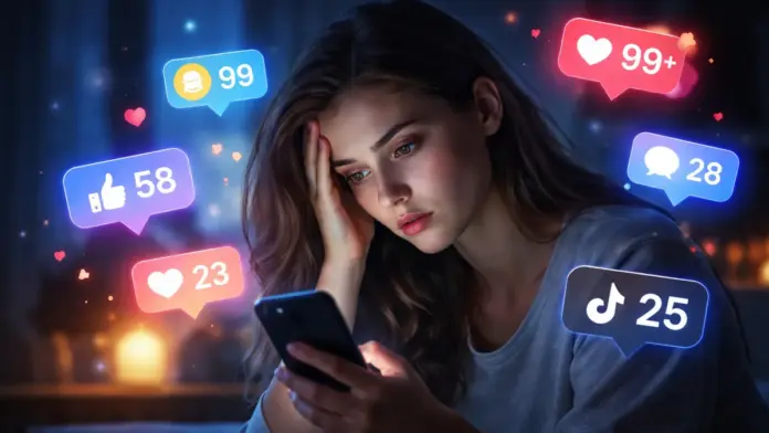 Άτομο κοιτάζει κινητό τη νύχτα με πολλά notifications γύρω του, ως συμβολική εικόνα για την επίδραση των social media στην ψυχολογία το 2025.