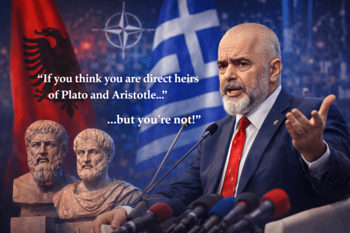 Εικόνα ειδησεογραφικής ανάλυσης για τις δηλώσεις του Έντι Ράμα και τις αντιδράσεις στην Ελλάδα, με φόντο ελληνική και αλβανική σημαία και σκηνικό δημόσιας ομιλίας