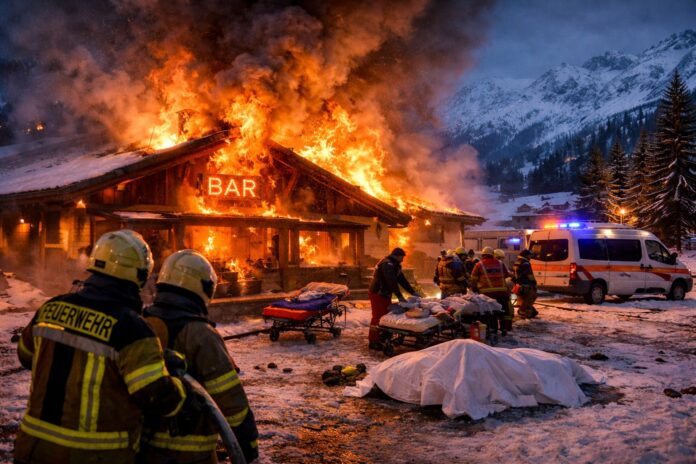 Firefighters battle flames at a bar in the Swiss Alps during a tragic New Year's Eve fire, with emergency responders aiding the injured in a snow-covered mountain setting.