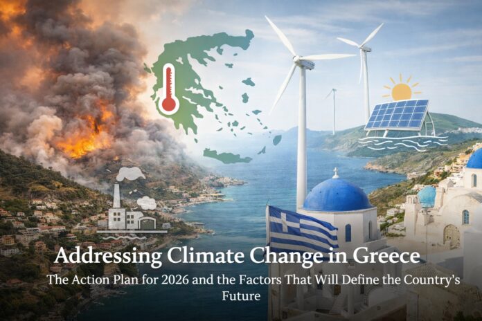 A powerful illustration showing the contrast between climate change threats and solutions in Greece, with wildfires on the left and renewable energy sources like wind turbines and solar panels on the right.