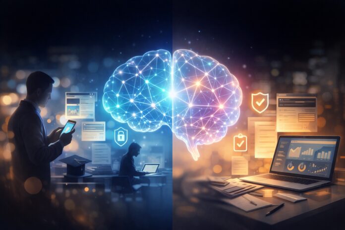 Editorial illustration of an AI neural network above citizens and business workflows, with privacy and safety symbols—showing how AI changes everyday life and work.