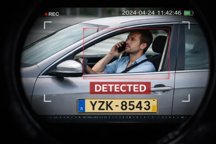 AI traffic camera captures a driver in violation for talking on the phone, with the license plate 