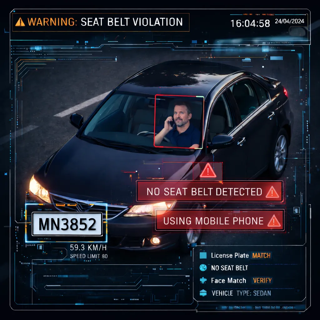 AI traffic surveillance camera capturing a driver without a seatbelt and using a mobile phone, with violation alerts displayed on the digital interface showing license plate, speed, and real-time violation detection.