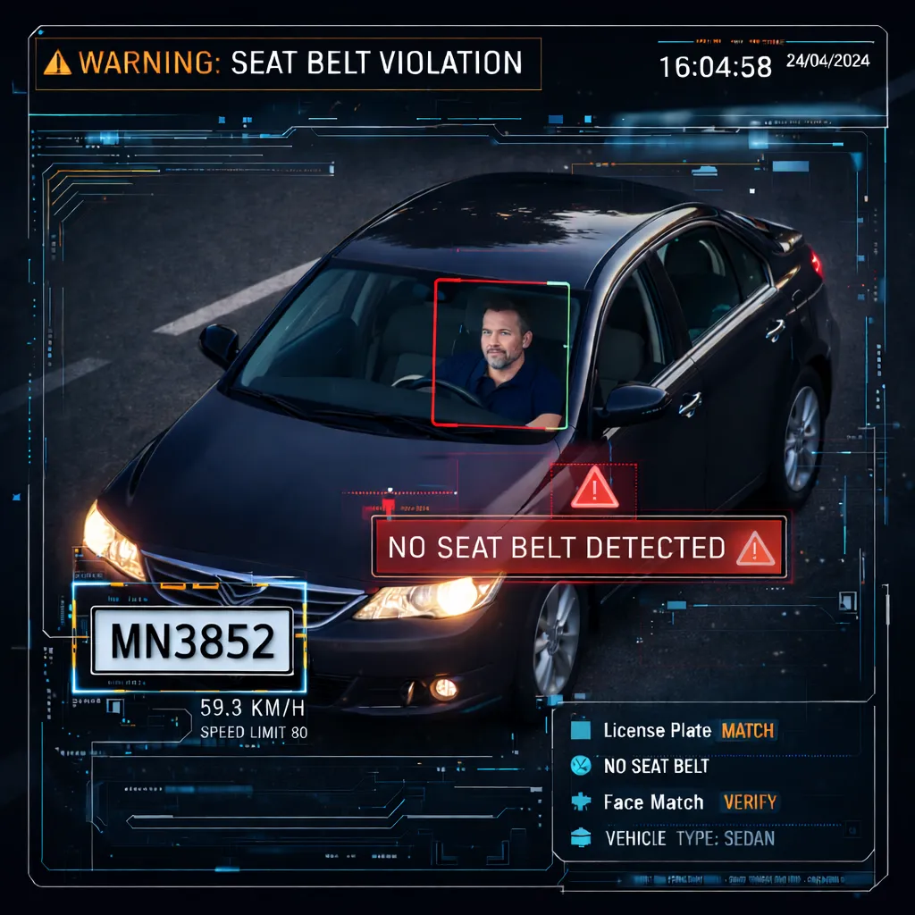 AI traffic surveillance camera detecting a seatbelt violation, with a red warning box and vehicle data, including license plate and speed, highlighted on the screen.